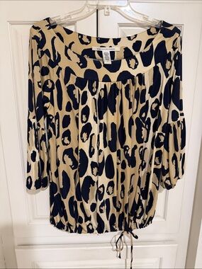 Diane Von Furstenberg Navy and Tan Leopard-Print Peasant Blouse